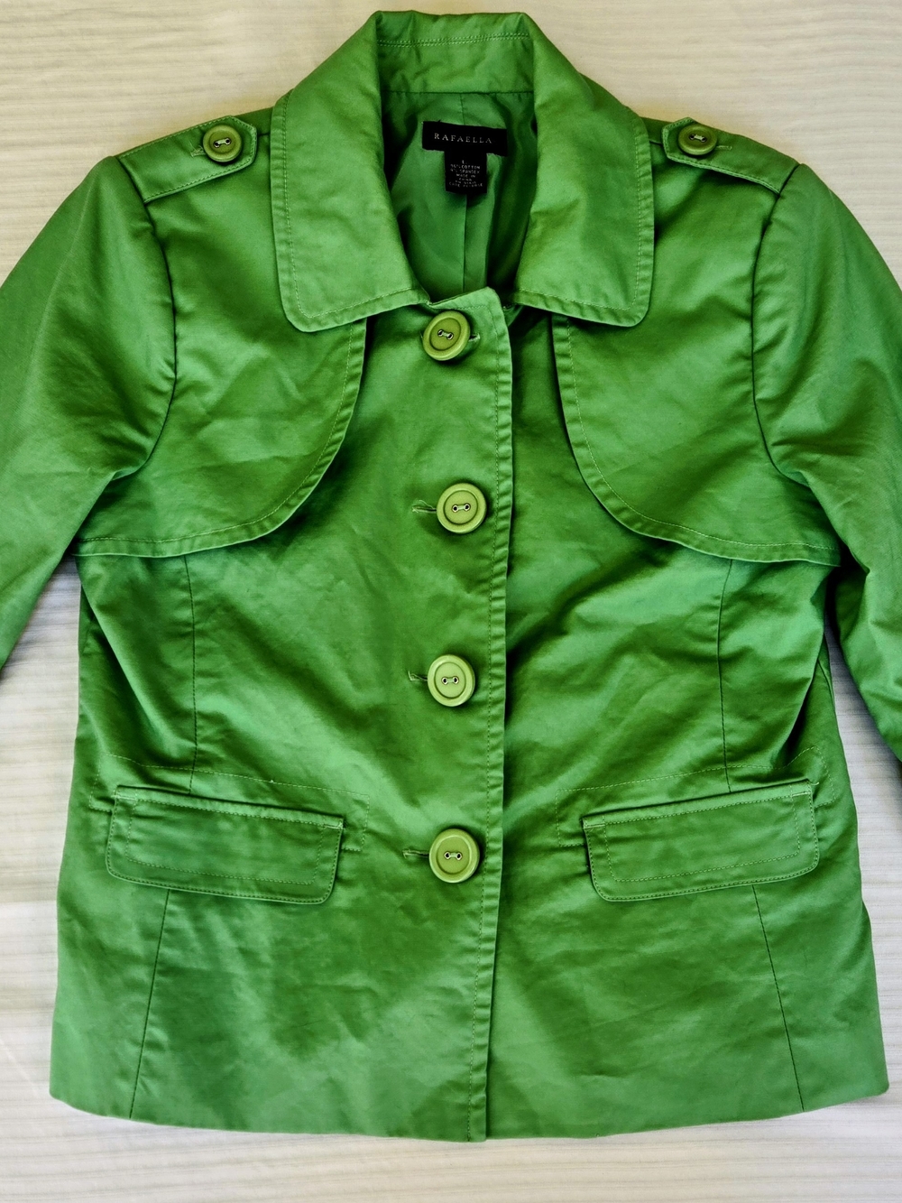 Rafaella Bright Green Cropped Trench Jacket Blazer Large 3/4 Bell Sleeve